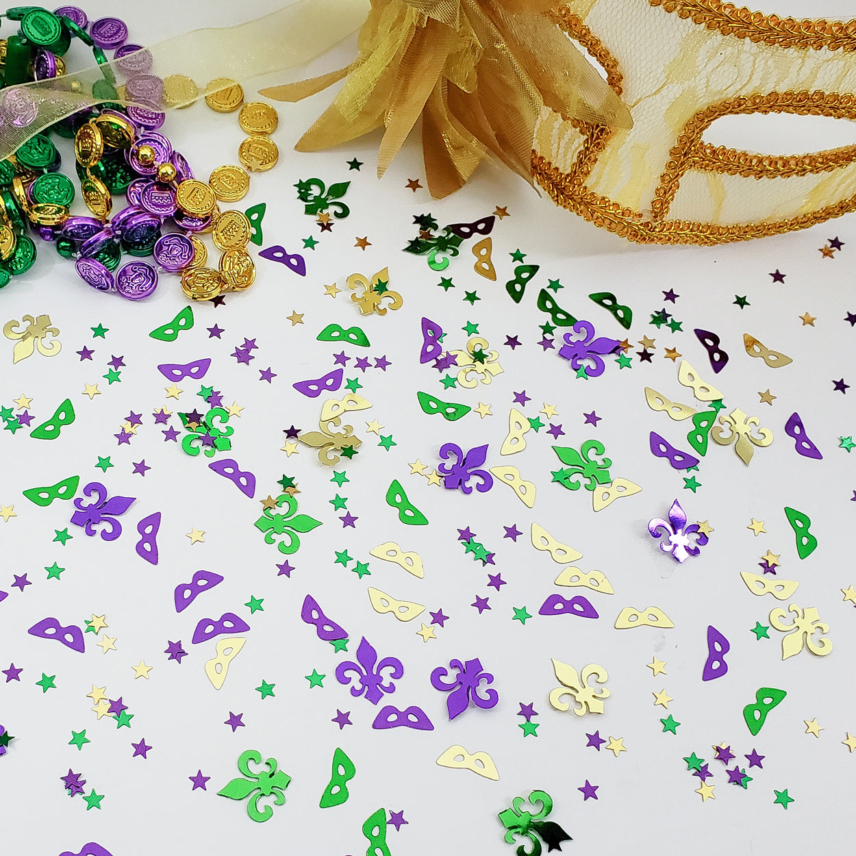 Mardi Gras Confetti Fleur de Lis, Harlequin Mask Star 1/4