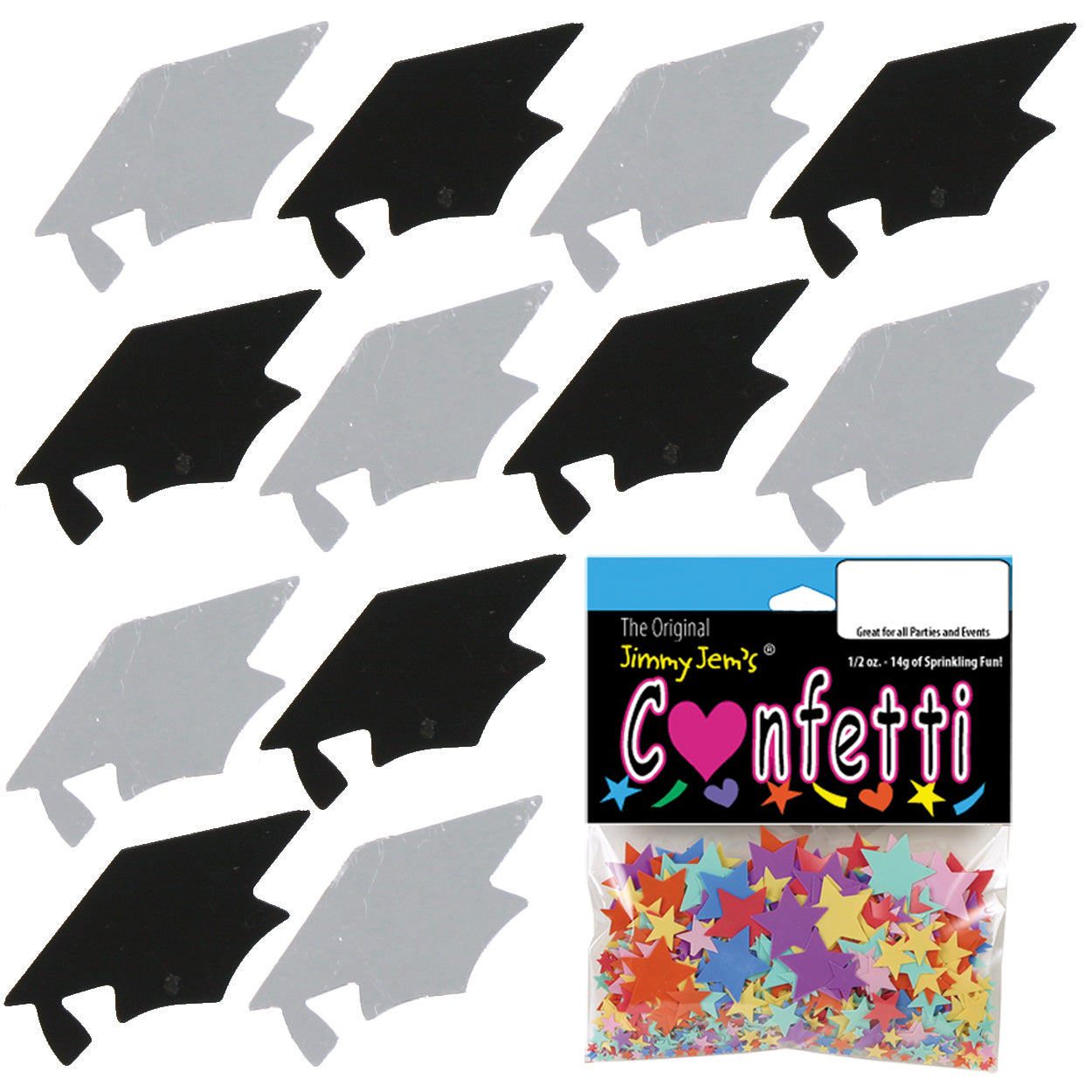 Confetti Grad Cap Black, Silver