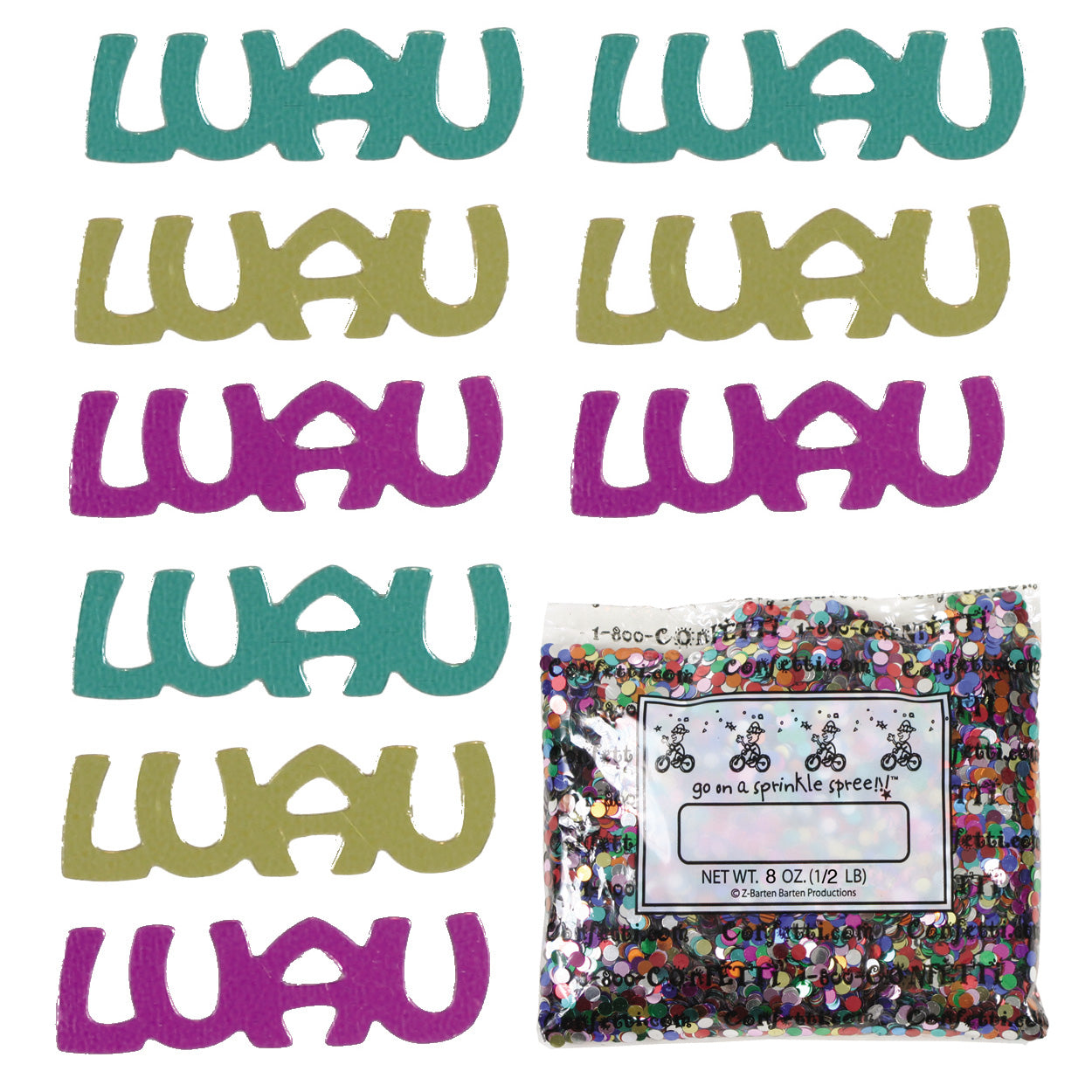 Confetti Word LUAU Gold, Turq, Fuchsia 